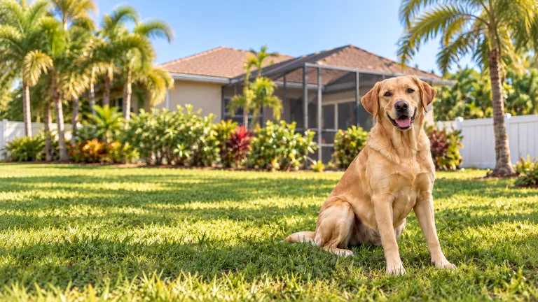 Golden retriever in front of a Florida home